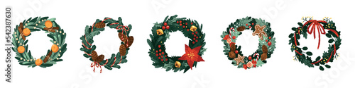Christmas door wreath designs set. Fir branch circles with Xmas decor, ornaments, ribbon, baubles, flower, food for winter holiday decoration. Flat vector illustrations isolated on white background