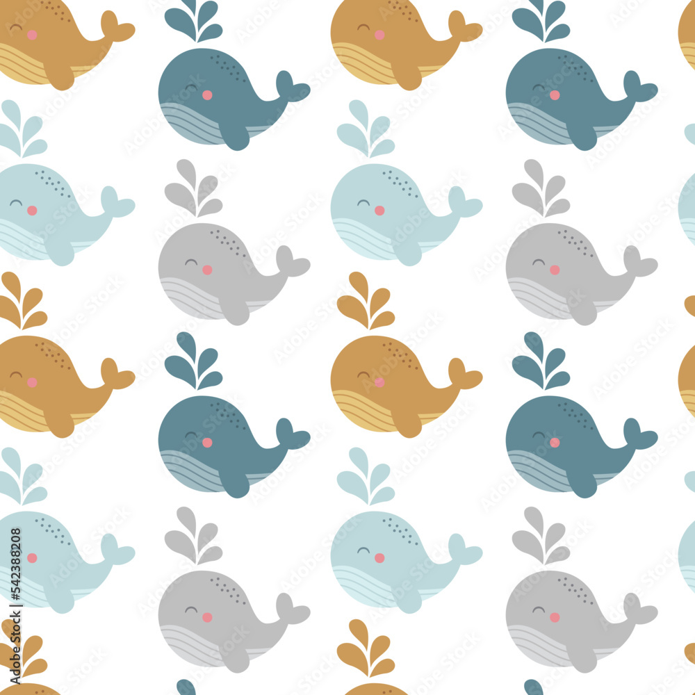 Naklejka premium Seamless vector marine pattern with whales