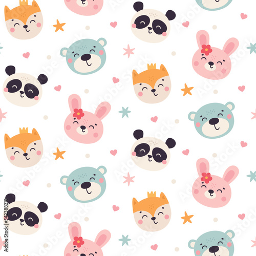 Cute kids vector seamless pattern with funny baby animals, bear, bunny, panda, fox, stars. Cartoon illustration for baby shower, nursery room decor, children design
