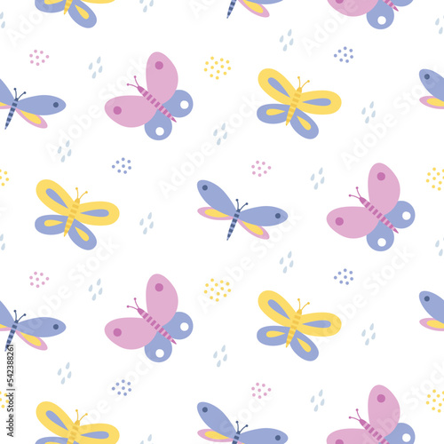 Seamless cute vector floral spring pattern with insects, butterfly