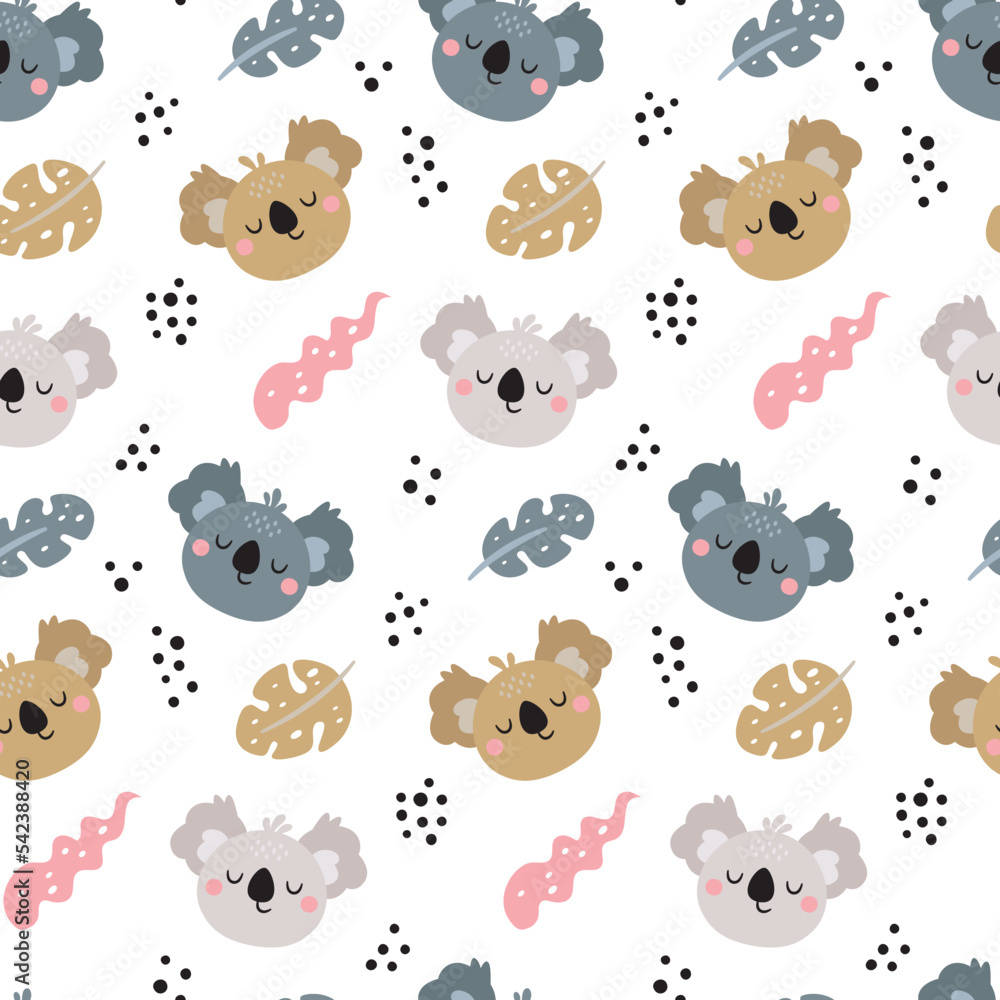 Naklejka premium Seamless cute vector floral tropical pattern with koalas, leaves, plants, branches and flowers