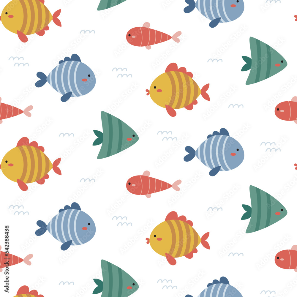 Seamless vector marine cute pattern with fishes, algae, starfish, coral, seabed, bubble