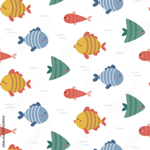 Seamless vector marine cute pattern with fishes, algae, starfish, coral, seabed, bubble