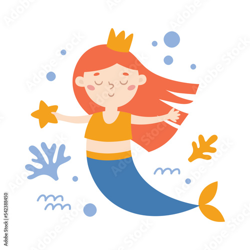 Vector card baby with mermaid, marine, sea, water, wave, star, algae