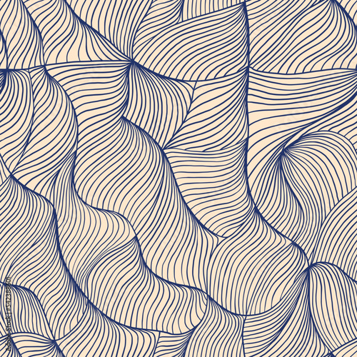 Aesthetic wavy seamless pattern. Delicate hand drawn texture with organic natural lines. Thin hand drawn ink strokes in flowing dynamic print for fabric design. Vintage retro japanese style texture.