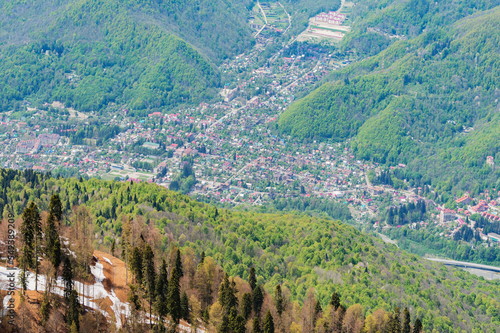 Krasnaya Polyana settlement in the mountain valley. Caucasus.