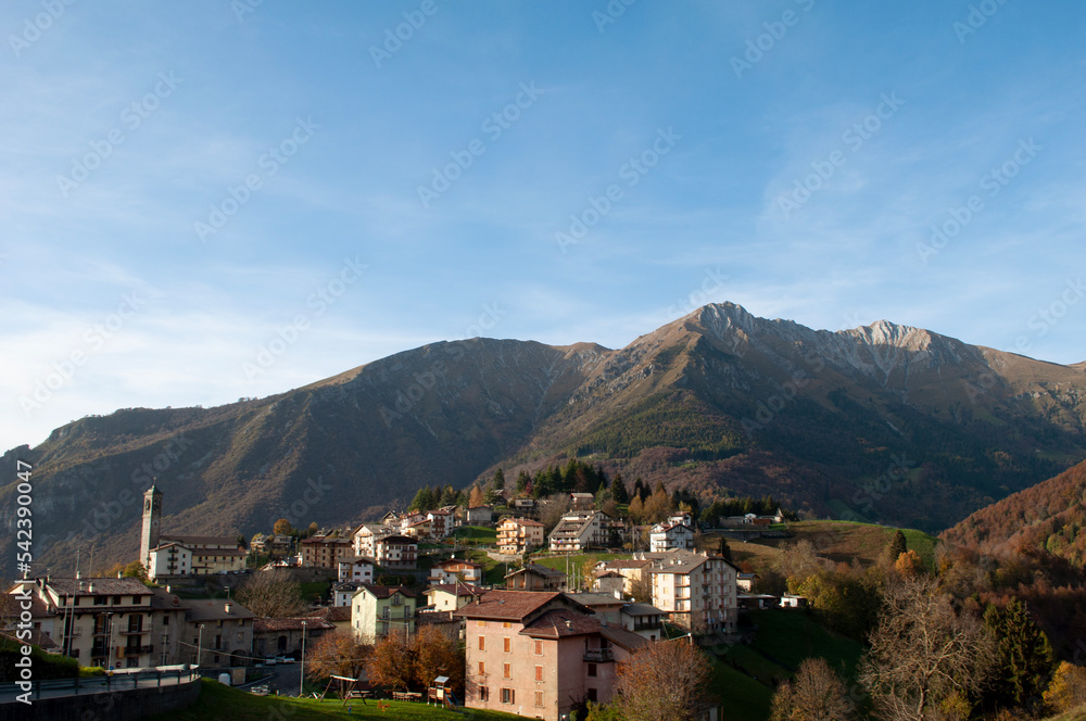 Aerial View of Zambla Bassa Mountain Village in Autumn, Italian Alps 