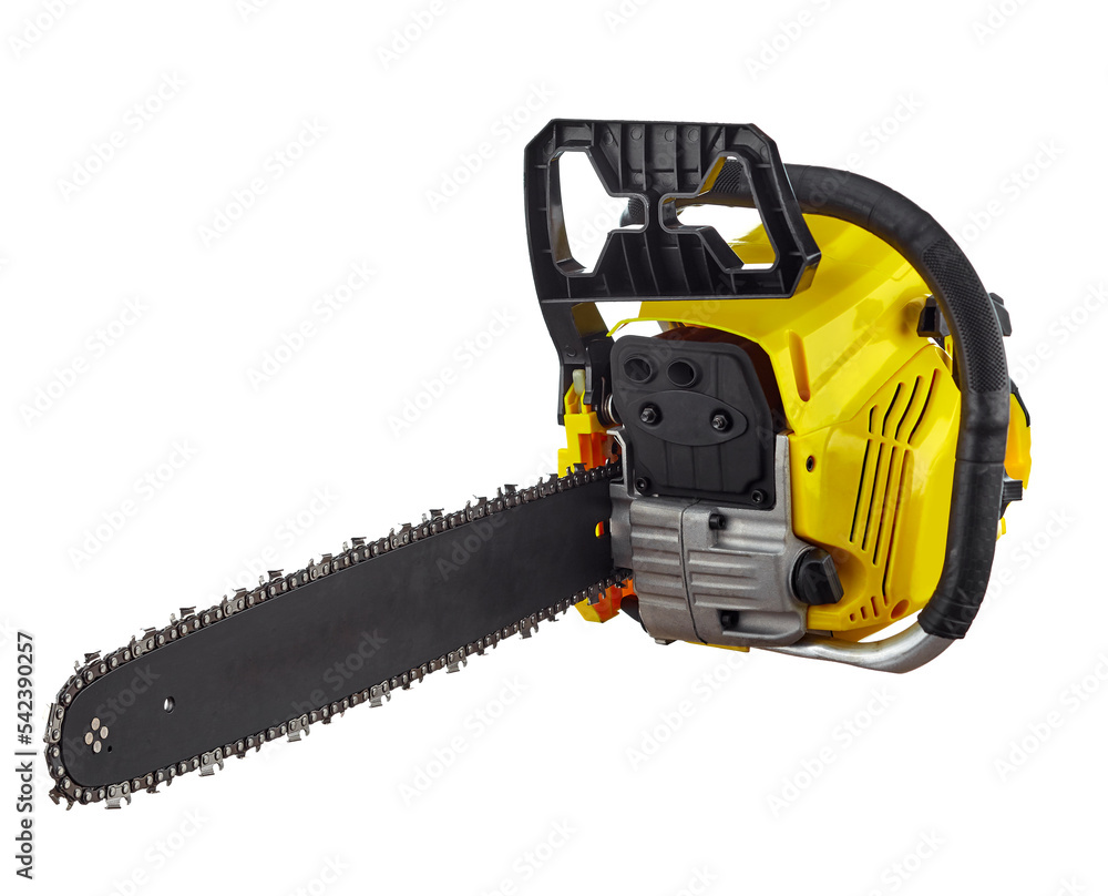 Manual powerful chainsaw in yellow and black colors, with a medium-sized cutting chain, isolated on a white background. Manual powerful chainsaw in yellow and black colors, with a medium-sized cutting chain, isolated on a white background.