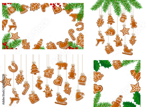 gingerbread cookies merry christmas xmas winter seasonal text frames, borders, overlay textures templates set, vector illustration isolated graphic design