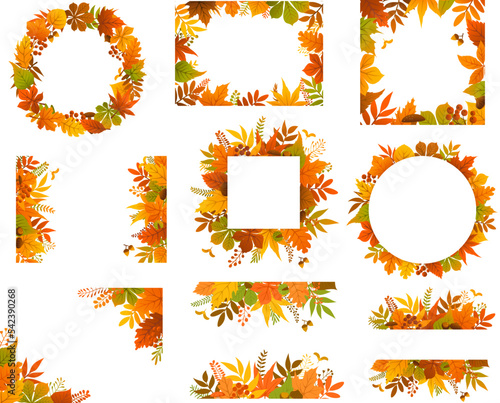 seasonal fall festive  leaves bush twigs branches plants banner backgrounds set, autumn park foliage botanical frames and borders collection, isolated vector illustration