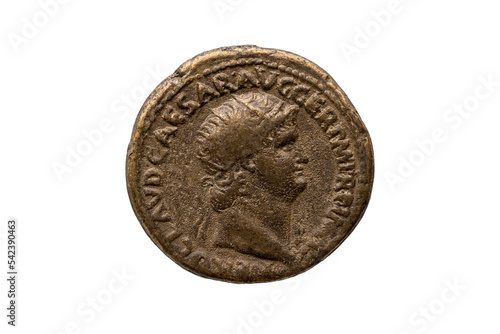 Roman Dupondius Replica Coin of Roman Emperor Nero 37-68 AD portrait obverse, png stock photo file cut out and isolated on a transparent background