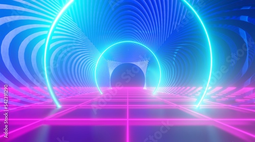 Virtual reality interior background glowing empty arched pass 3d render