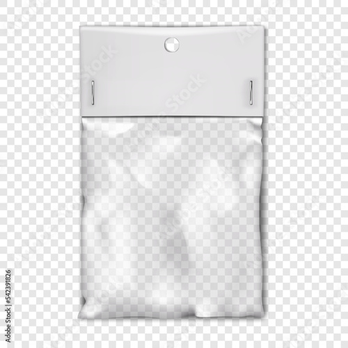 Empty clear plastic pouch bag with white blank paper top and hanging hole mockup. Transparent nylon package vector mock-up