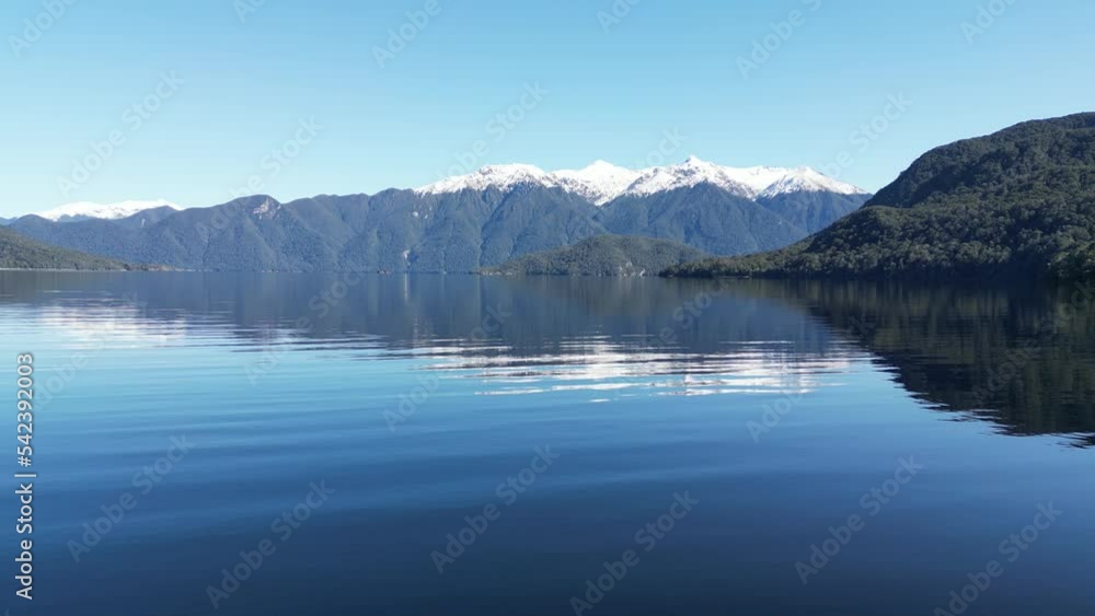 Aerial view of a calm lake surrounded by mountains Aerial view of a calm lake surrounded by mountains