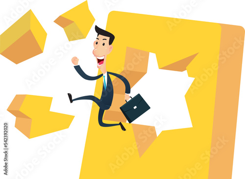 Businessman running destroy the yellow wall