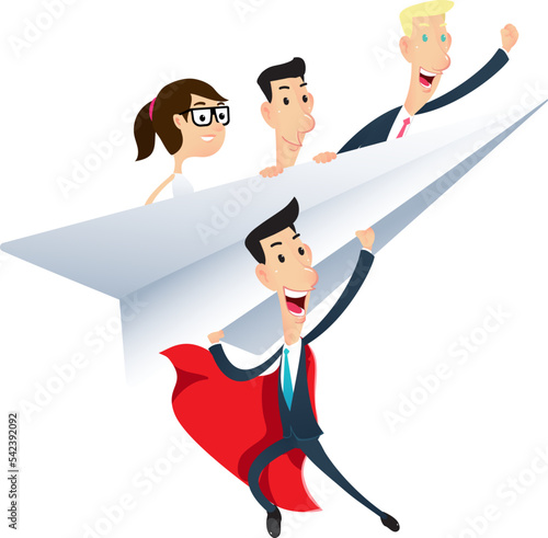 Business concept worker super man cartoon cute undertake fly team paperair plane