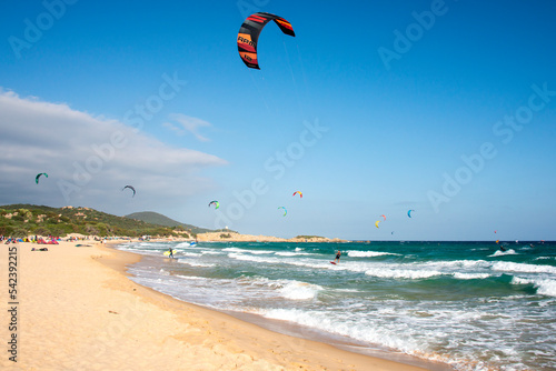 Kitesurfer in Chia bay, Domus de Maria, Sardinia, Italy