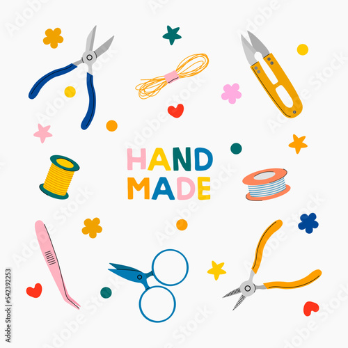 Handmade craft tools set. Beading hobby equipment. Colorful flat vector illustration.
