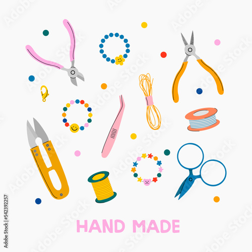 Beads jewelry making tools set. Hand made beaded rings. Beading hobby equipment. Colorful flat vector illustration.