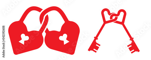 Abstract red heart locks, love heart padlock, heart shaped key. Romantic icon concept vector illustration. Valentines day romantic heart design isolated on white. 