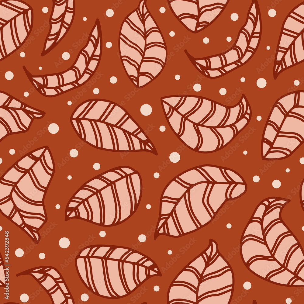 Autumn falling leaves with snowy dots seamless repeat pattern. Random placed, vector irregular polka dots with botanical elements all over surface print on brown background. Autumn falling leaves with snowy dots seamless repeat pattern. Random placed, vector irregular polka dots with botanical elements all over surface print on brown background.