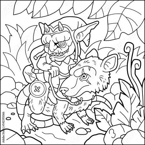 cartoon scary goblin riding a rat, coloring page, outline illustration
