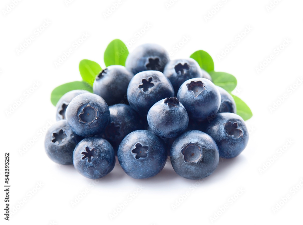 Sweet blueberries with leaves on white backgrounds Sweet blueberries with leaves on white backgrounds