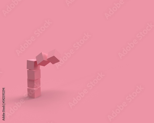Abstract crashed column on pink background. 3d shapes. 3d rendering. Stack of cubes. Solid blocks.