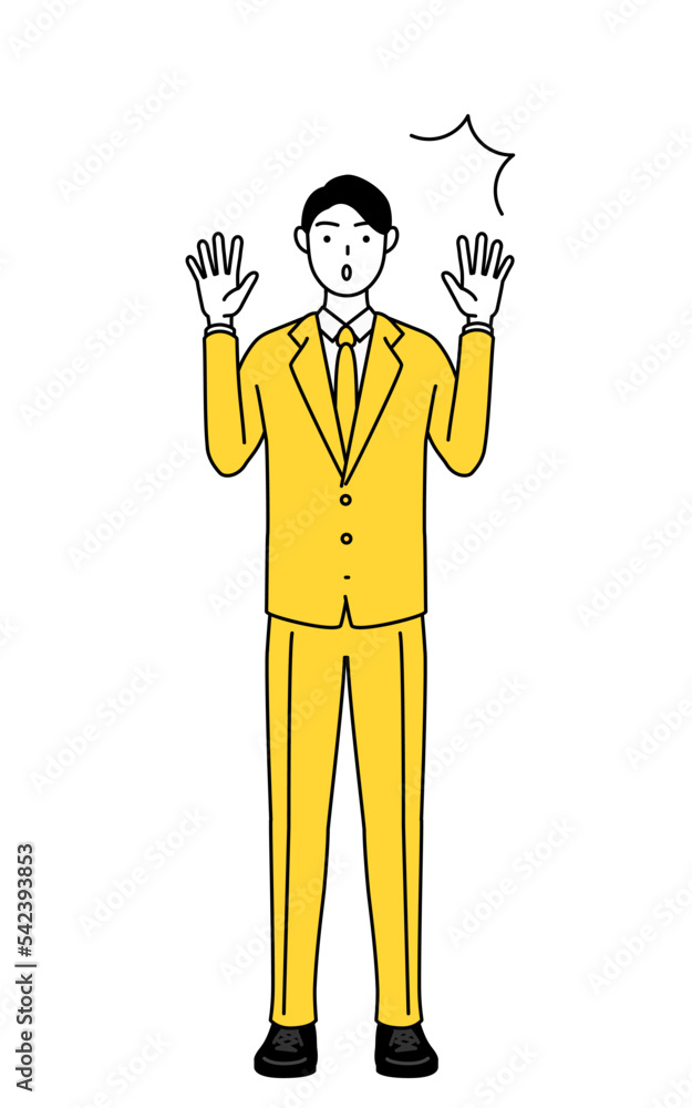 驚いて手を上げるスーツ姿のビジネスマンのシンプルな線画イラスト 驚いて手を上げるスーツ姿のビジネスマンのシンプルな線画イラスト