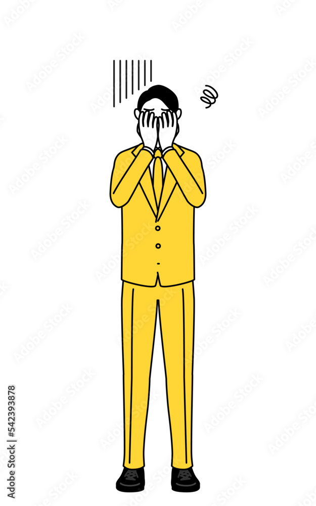 落ち込んで顔を覆うスーツ姿のビジネスマンのシンプルな線画イラスト
