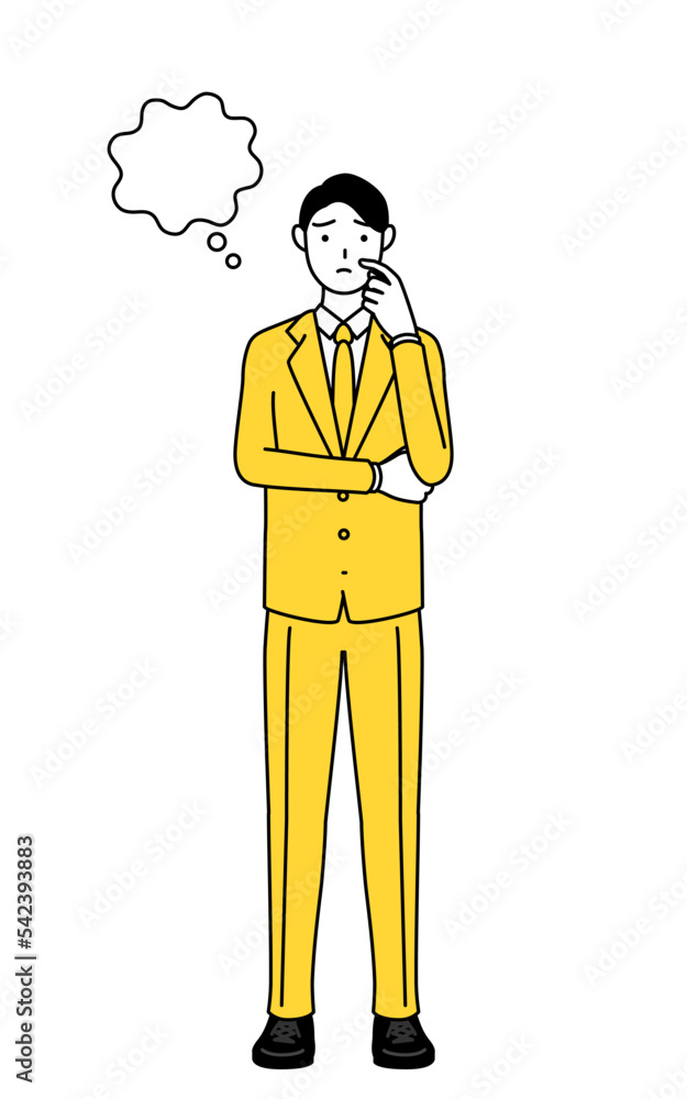 顔をかきながら考えるスーツ姿のビジネスマンのシンプルな線画イラスト
