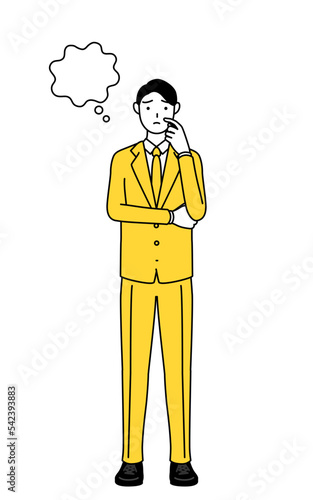 顔をかきながら考えるスーツ姿のビジネスマンのシンプルな線画イラスト