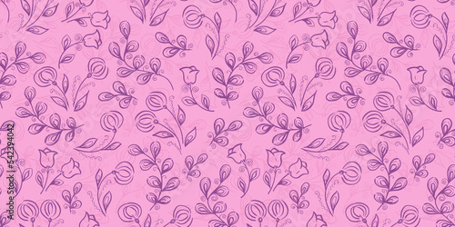 Spring Seamless Pattern. Floral elements in doodle style. Pink background. Watercolor tropical violet leaves and flowers. Wedding Patterns with leaf