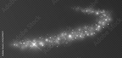 Magic silver wave. Sparkle dust particles. Luxury shiny trail of white particles. Glowing circle trail. 