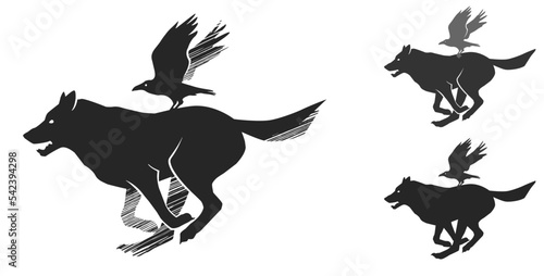 A running wolf and a flying raven. Set of isolated objects for your design. You can move or remove the raven - it is drawn separately