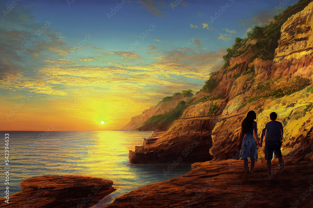 Perfect sunset on the seashore for a young couple