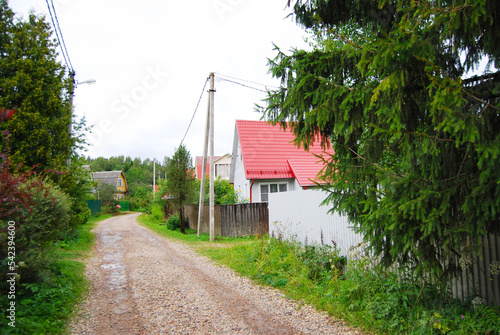 A simple rural dirt road in Russia. The road in the country village. Rustic landscape. The road in the village. Country village. Wooden houses. Rural landscape. Summer in the country.