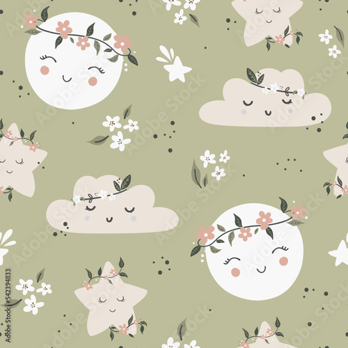 Cute seamless childish simple pattern for kids with cute moons and stars in Scandinavian style. Baby pattern with night sky. Fabric design. Wallpaper. Kids room design.