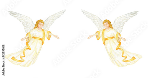 Fotografi Christmas angels set watercolor illustration, Christian Nativity angel with wing