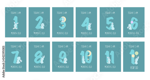 Cute Bunny Boy Baby Milestone Cards PNG, Numbers clipart. 1-11 months and 1 year. Baby shower print capturing all the special moments. Baby month anniversary card. Nursery print.