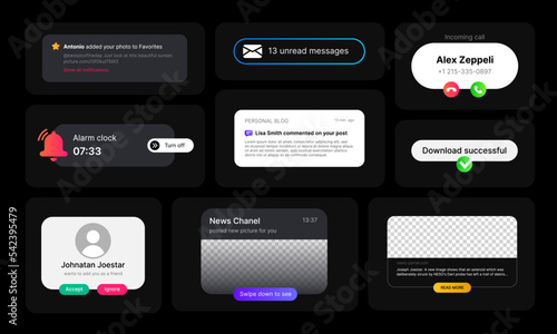 Incoming Messages Notifications. Big Set of Illustrations. Social Media UI Concept in Minimalistic Design on Black Background. Fully Editable. Alarm Clock, Incoming Call, New Post and etc. Web Element