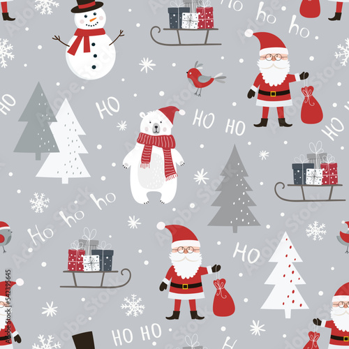 Christmas seamless pattern with Santa Claus, snowman, polar bear, sleigh with gift boxes, birds and christmas tree.