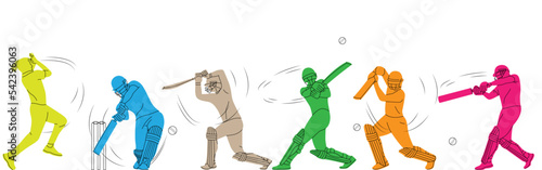 set of player playing cricket action pose line art championship vector illustration.