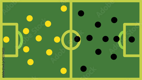Tactical soccer football playing systems on white board graphic. Strategy in game play coach plan with both teams in defensive positions. 