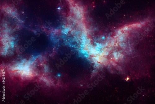 A colorful nebula in space. Huge gas clouds and stars. 