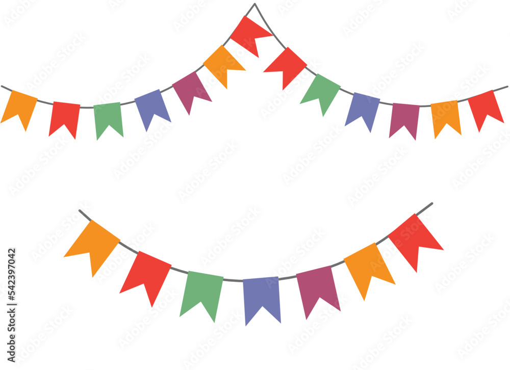 Fototapeta premium Flags party birthday garland vector or carnival festive bunting decor hanging in rope string festoon isolated on white background graphic, children fun celebration simple decoration color clipart
