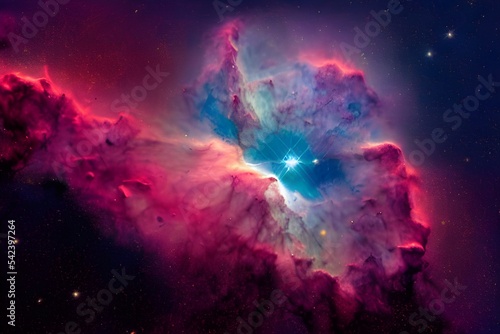 A colorful nebula in space. Huge gas clouds and stars. 