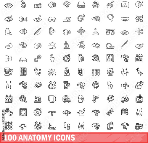 100 anatomy icons set. Outline illustration of 100 anatomy icons vector set isolated on white background
