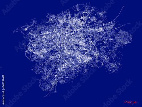Prague city map with roads and streets, Czech Republic. Vector outline illustration.