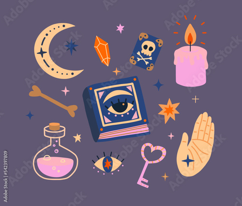 Witchcraft set of magic items. Symbols of witches, magic and wizardry. Halloween Vector illustration with magician objects - candles, potions bottle, moon, stars, crystal, spell book, Tarot Cards.